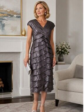 Adrianna Papell Metallic Shutter Pleat Tiered Dress Size 12 Mother of Bride